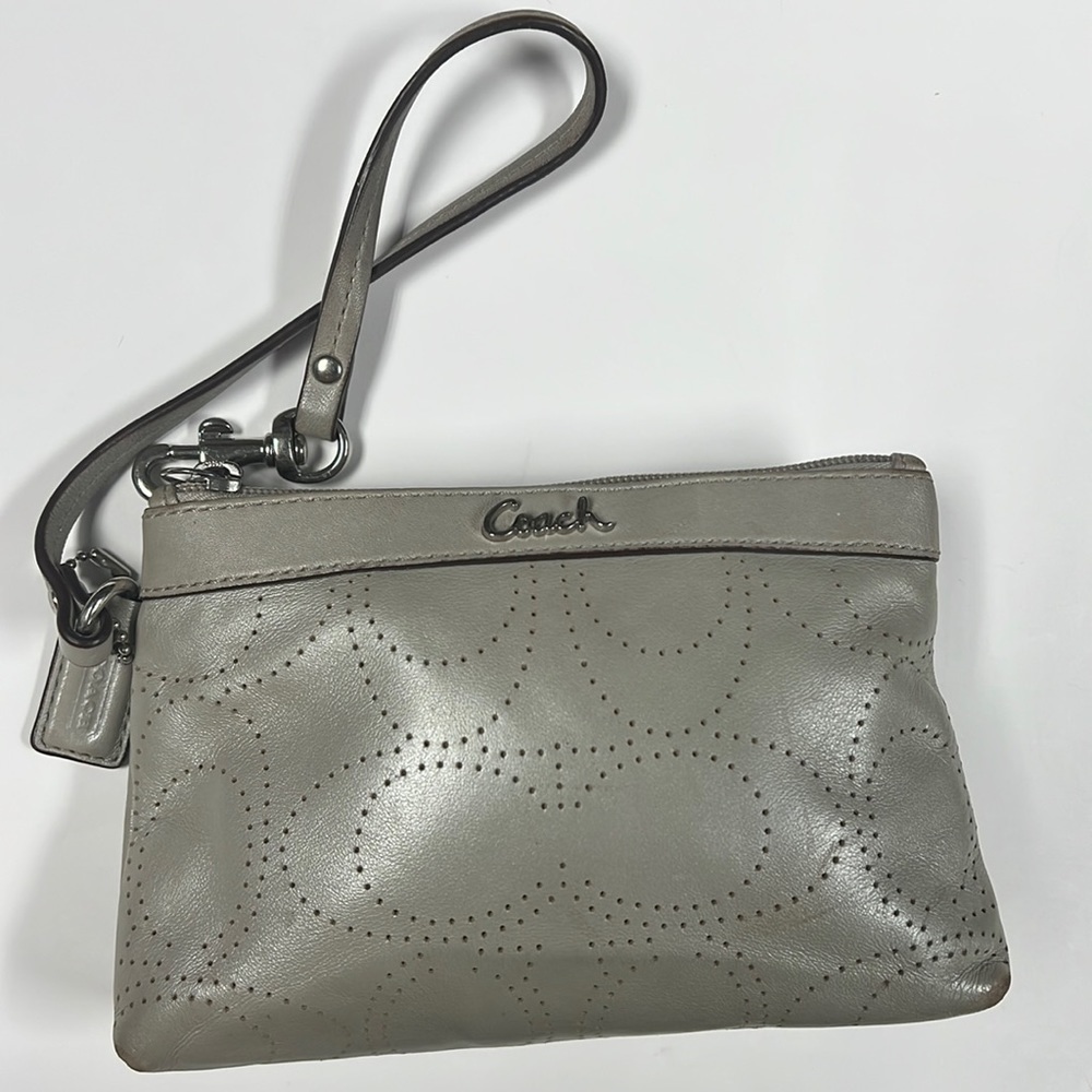 Coach Perforated Logo Gray Leather Wristlet Clutch
